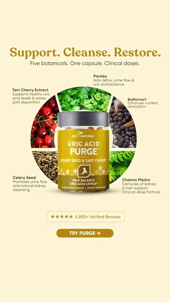 A 9:16 vertical infographic showcasing the five botanical ingredients of a uric acid supplement alongside star-rated social proof.